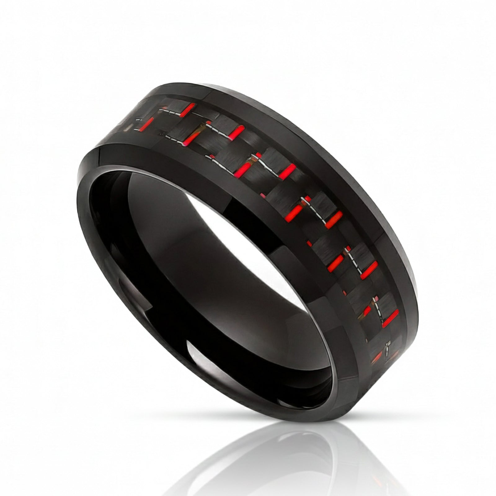 8mm Black Tungsten Carbide Ring With Red Carbon Fiber Inlay
