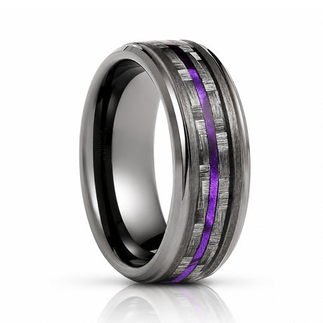 8mm - Tungsten Gunmetal wedding Rings, Carbon Fiber W/ Purple Wood Wedding Band