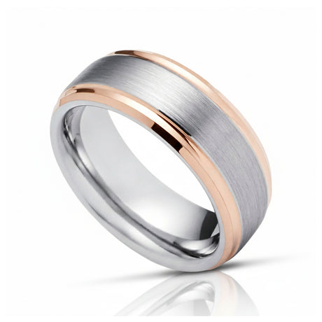 6mm Silver Tungsten Carbide Ring Brushed With Rose Gold Stepped Edges