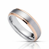 8mm Silver Tungsten Ring Brushed With Rose Gold Stepped Edges