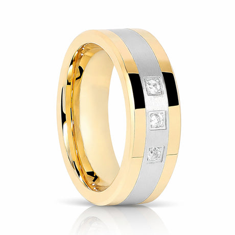 8mm - Tungsten Rings for Men Gold Silver, Diamond Wedding Bands, 3 CZ diamonds