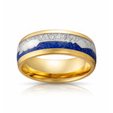 8mm- Yellow GOLD TUNGSTEN ARROW RING W/ BLUE LAPIS LAZULI, FAUX METEORITE