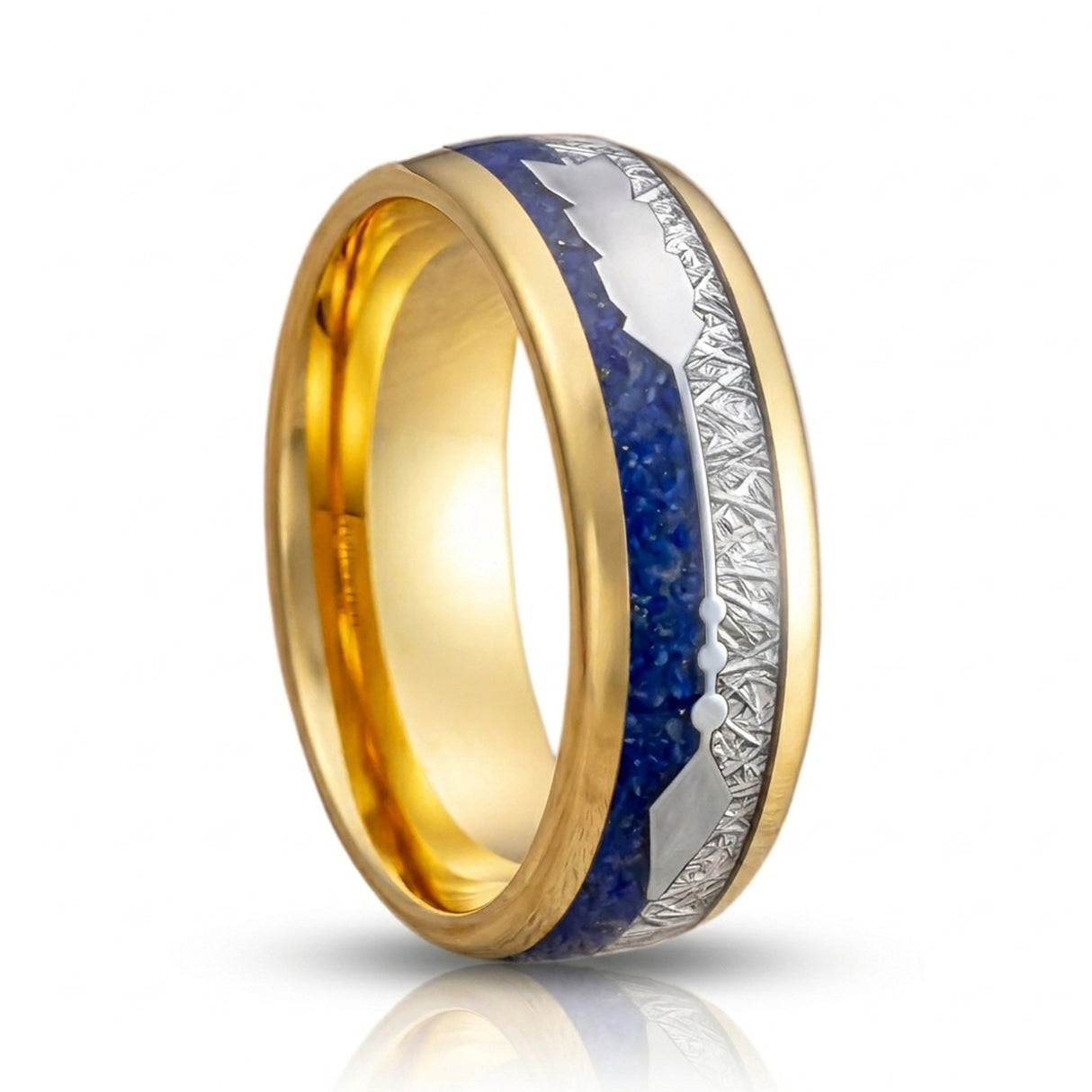 8mm- Yellow GOLD TUNGSTEN ARROW RING W/ BLUE LAPIS LAZULI, FAUX METEORITE