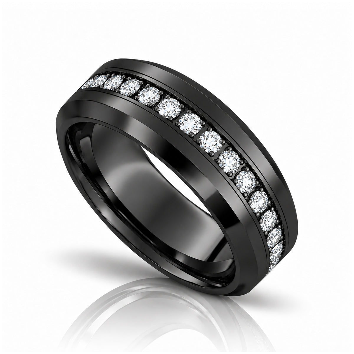 Blackout Crown 8mm Black Tungsten Wedding Band with White CZ Stones