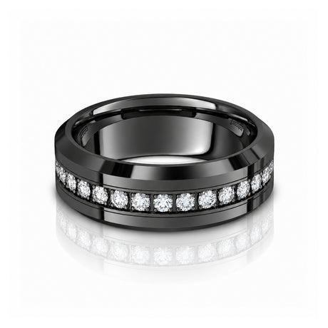 Blackout Crown 8mm Black Tungsten Wedding Band with White CZ Stones