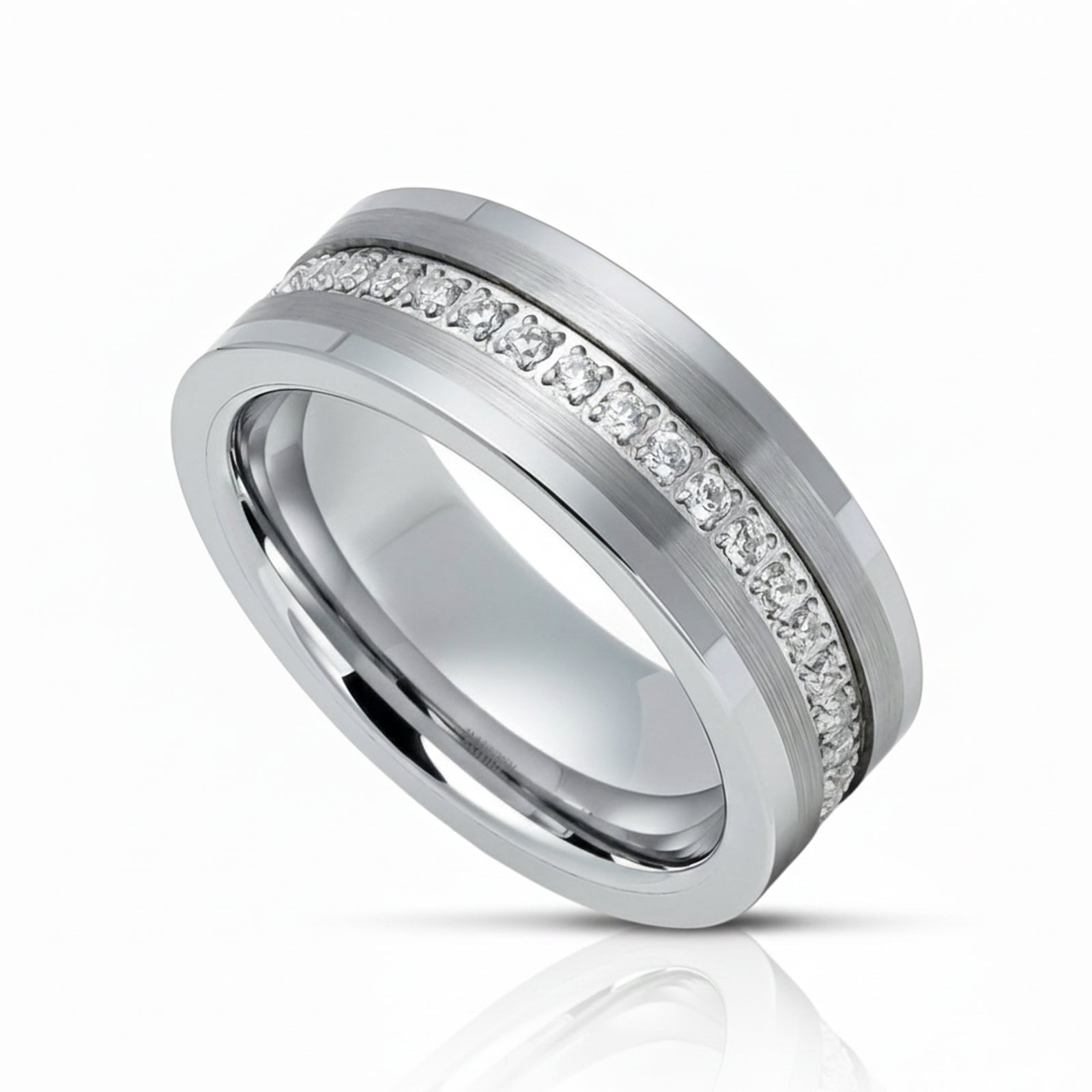8mm - Men's Tungsten Wedding Band, CZ Diamond Ring, Comfort Fit Anniversary Ring