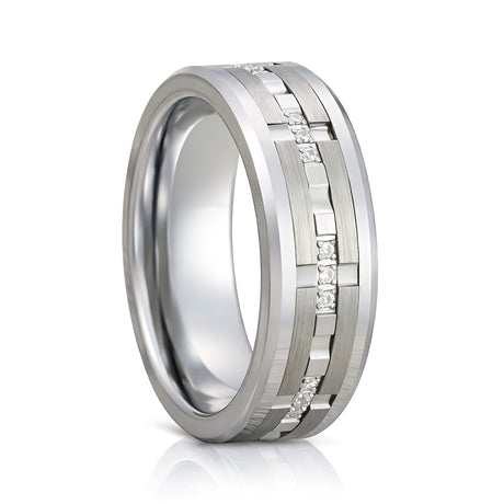 8mm - Men's Silver Tungsten Wedding Band, White Diamond Ring, Comfort Fit Anniversary Ring