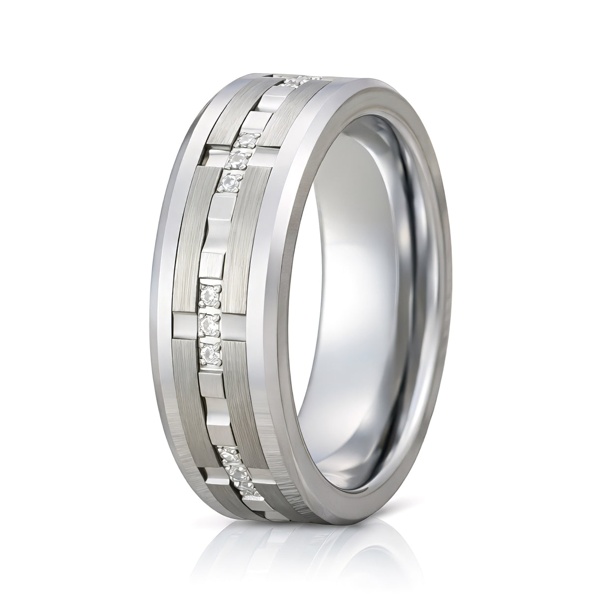 8mm - Men's Silver Tungsten Wedding Band, White Diamond Ring, Comfort Fit Anniversary Ring