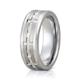 8mm - Men's Silver Tungsten Wedding Band, White Diamond Ring, Comfort Fit Anniversary Ring