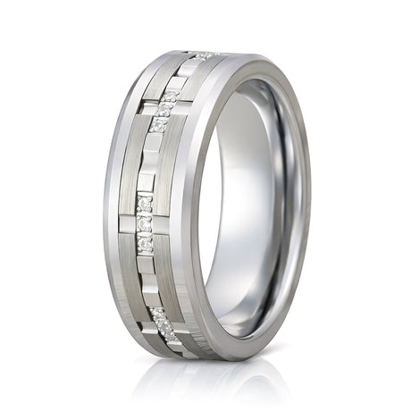 8mm - Men's Silver Tungsten Wedding Band, White Diamond Ring, Comfort Fit Anniversary Ring