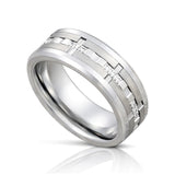 8mm - Men's Silver Tungsten Wedding Band, White Diamond Ring, Comfort Fit Anniversary Ring