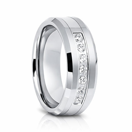 8mm - Silver Tungsten Wedding Band W/ 7 CZ Diamond Inlay High Polish