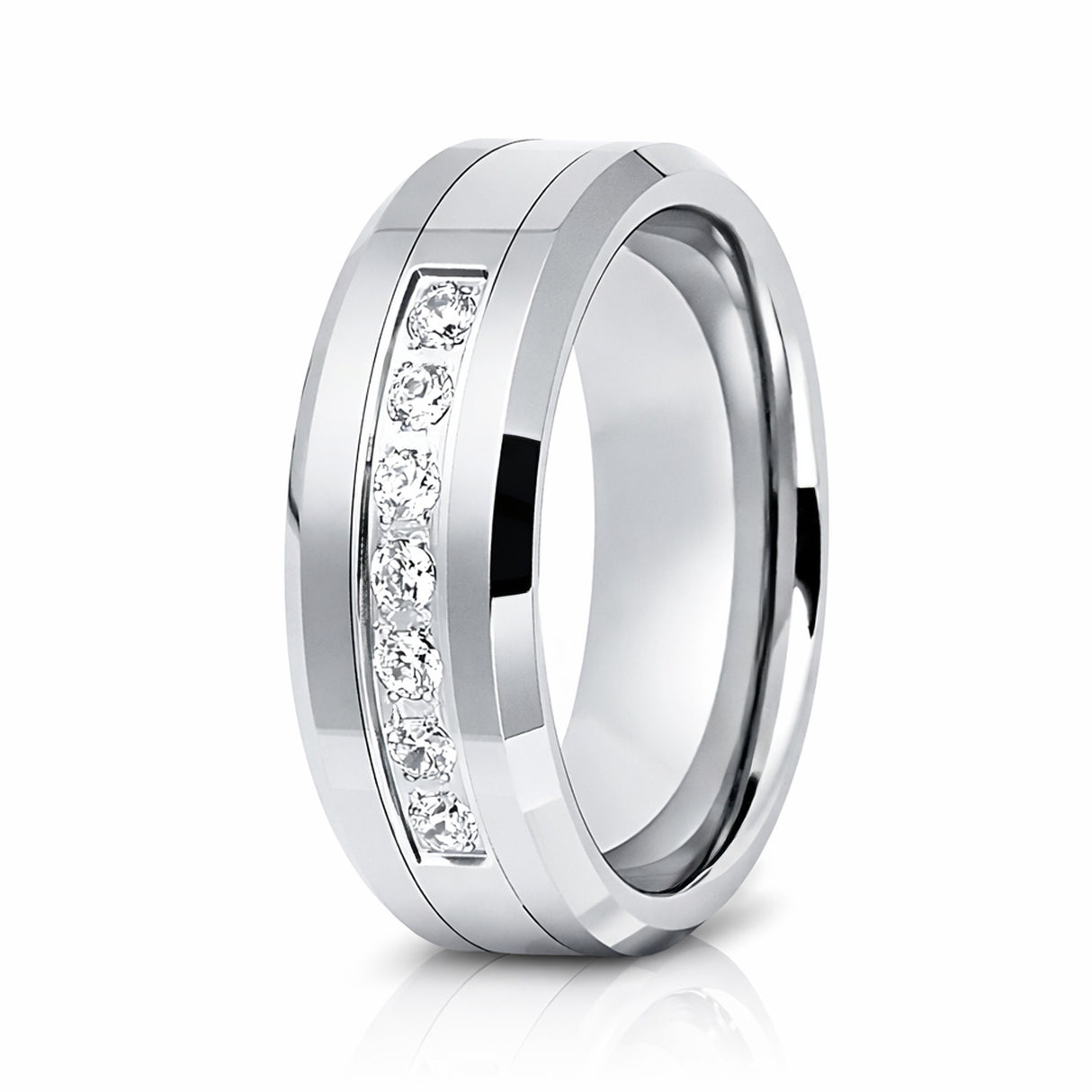 8mm - Silver Tungsten Wedding Band W/ 7 CZ Diamond Inlay High Polish