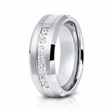 8mm - Silver Tungsten Wedding Band W/ 7 CZ Diamond Inlay High Polish