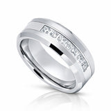 8mm - Silver Tungsten Wedding Band W/ 7 CZ Diamond Inlay High Polish