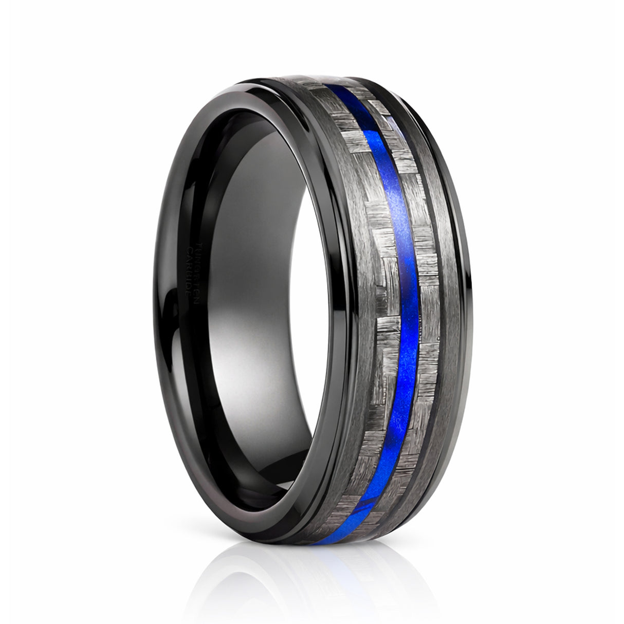8mm - Tungsten Gunmetal wedding Rings, Carbon Fiber W/ Blue Wood Wedding Band