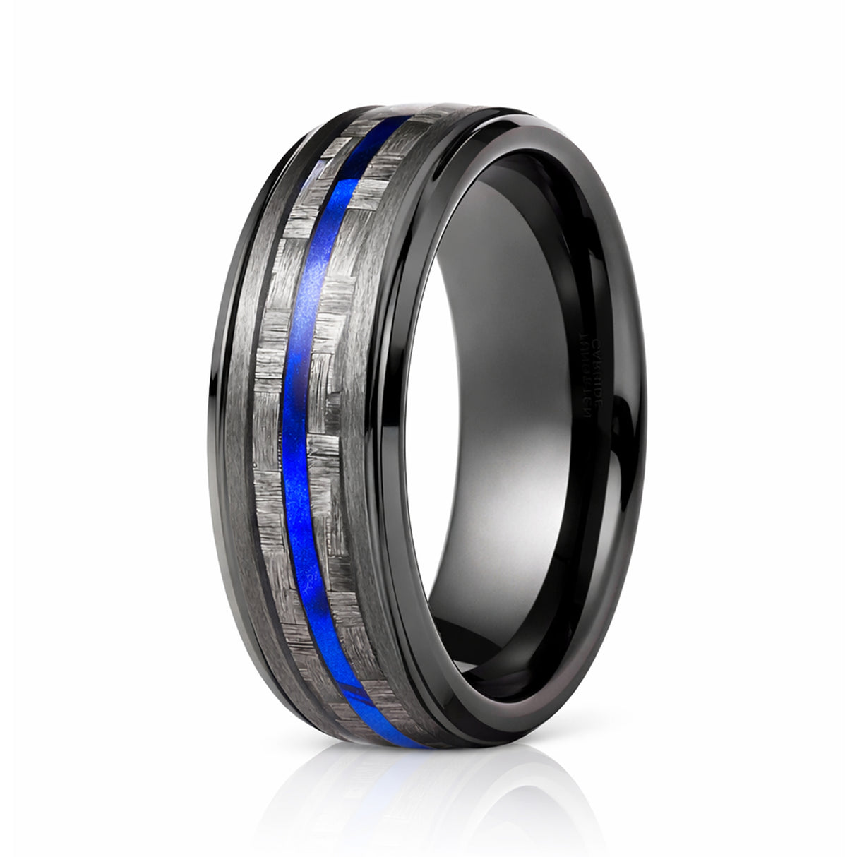 8mm - Tungsten Gunmetal wedding Rings, Carbon Fiber W/ Blue Wood Wedding Band