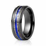 8mm - Tungsten Gunmetal wedding Rings, Carbon Fiber W/ Blue Wood Wedding Band