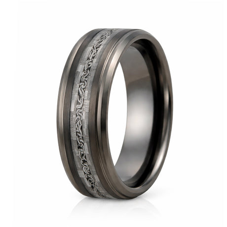 Tungsten wedding Band, Gunmetal Carbon Fiber W/ Meteorite Center Inlay Ring 8mm