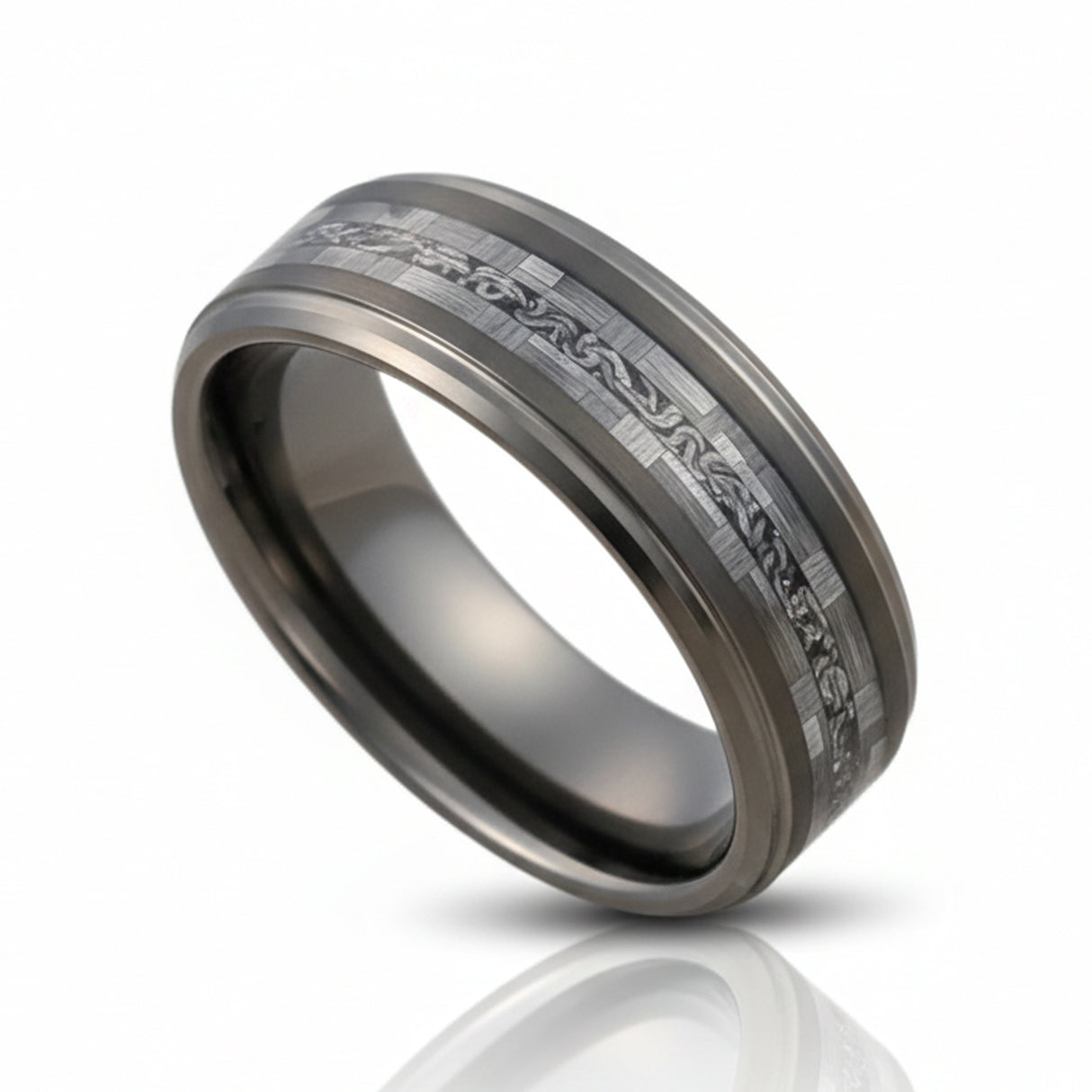Tungsten wedding Band, Gunmetal Carbon Fiber W/ Meteorite Center Inlay Ring 8mm