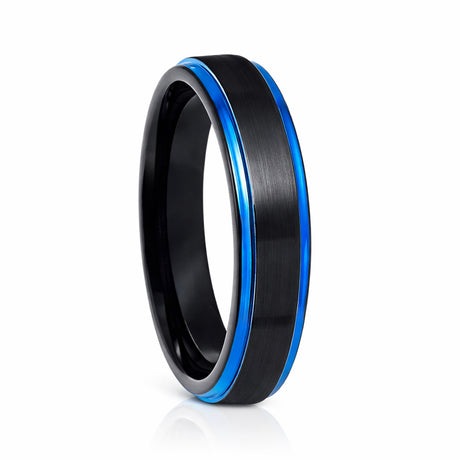 4mm - Tungsten Wedding Band Brushed Black & Blue Stepped Edges
