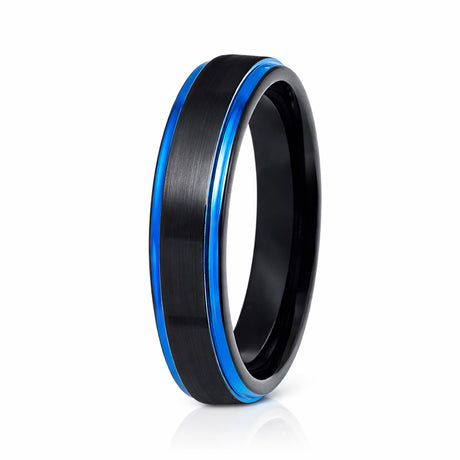 4mm - Tungsten Wedding Band Brushed Black & Blue Stepped Edges