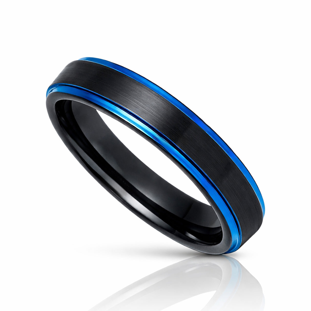 4mm - Tungsten Wedding Band Brushed Black & Blue Stepped Edges