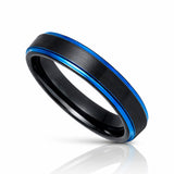 4mm - Tungsten Wedding Band Brushed Black & Blue Stepped Edges
