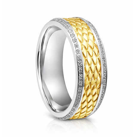 8mm - Silver Titanium Wedding Band Gold Diamond Pattern Center with Diamonds