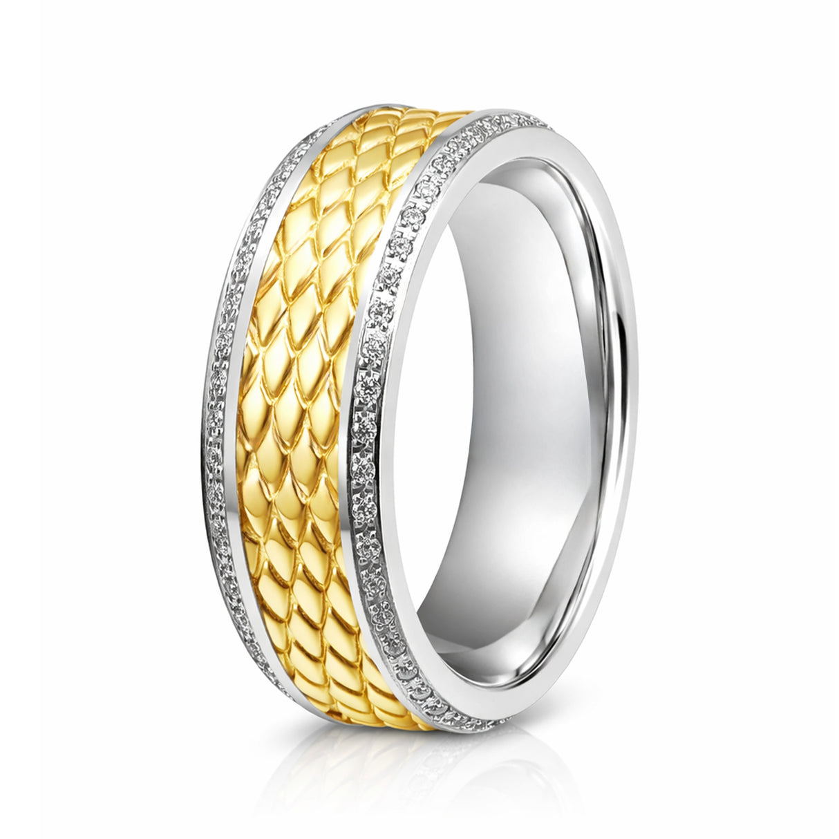 8mm - Silver Titanium Wedding Band Gold Diamond Pattern Center with Diamonds