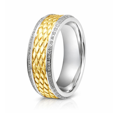 8mm - Silver Titanium Wedding Band Gold Diamond Pattern Center with Diamonds