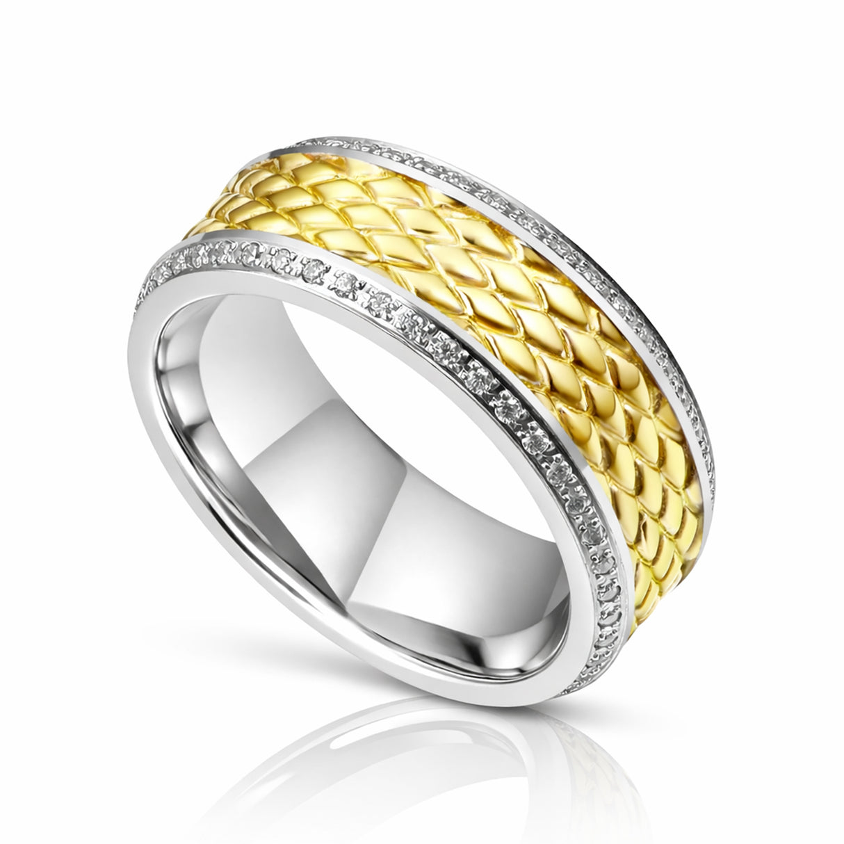 8mm - Silver Titanium Wedding Band Gold Diamond Pattern Center with Diamonds