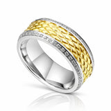 8mm - Silver Titanium Wedding Band Gold Diamond Pattern Center with Diamonds