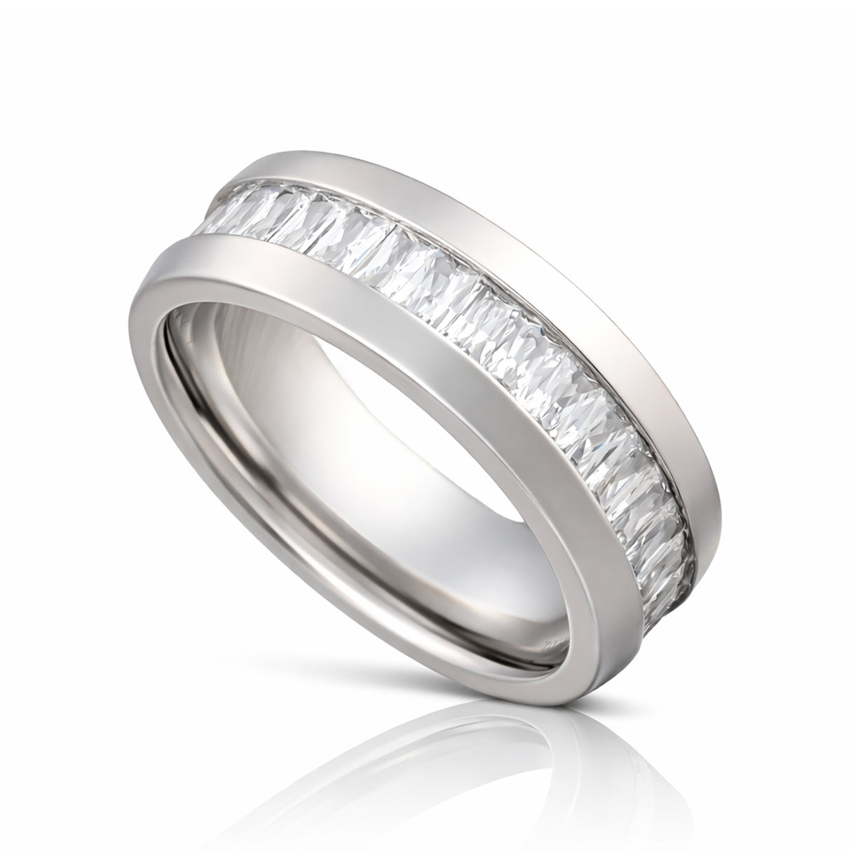 8mm - Silver Titanium Wedding Band W/ 7 Ct CZs Diamond Emerald Cut Inlay