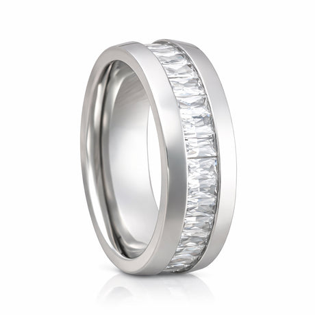 8mm - Silver Titanium Wedding Band W/ 7 Ct CZs Diamond Emerald Cut Inlay