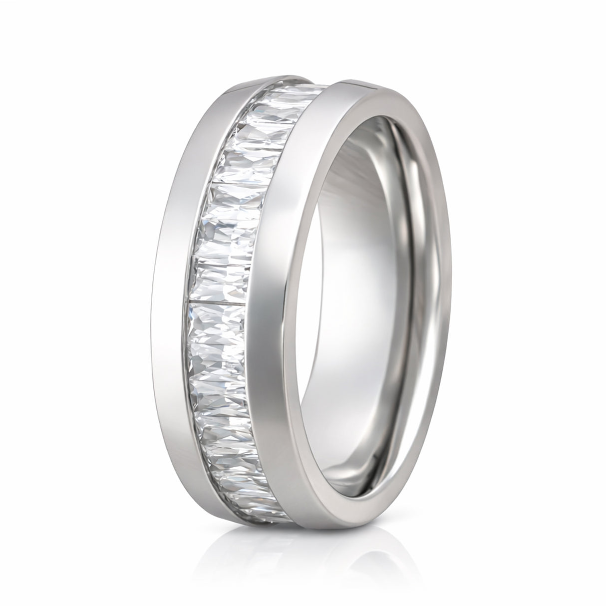 8mm - Silver Titanium Wedding Band W/ 7 Ct CZs Diamond Emerald Cut Inlay