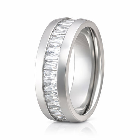 8mm - Silver Titanium Wedding Band W/ 7 Ct CZs Diamond Emerald Cut Inlay