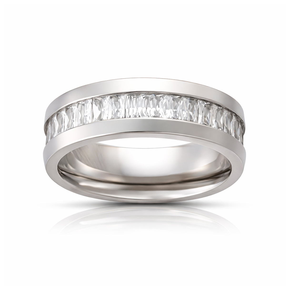 8mm - Silver Titanium Wedding Band W/ 7 Ct CZs Diamond Emerald Cut Inlay