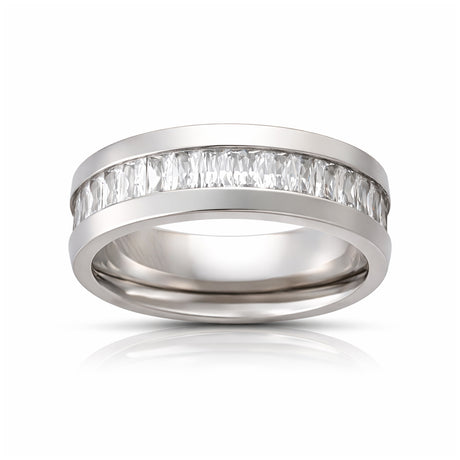 8mm - Silver Titanium Wedding Band W/ 7 Ct CZs Diamond Emerald Cut Inlay