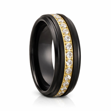 8mm - Black & Gold Tungsten Wedding Band, W/ White Diamonds