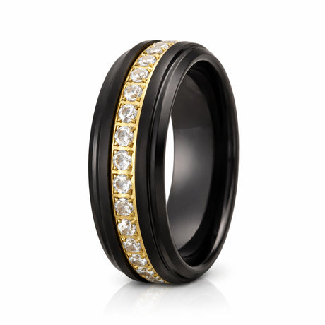 8mm - Black & Gold Tungsten Wedding Band, W/ White Diamonds