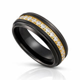8mm - Black & Gold Tungsten Wedding Band, W/ White Diamonds