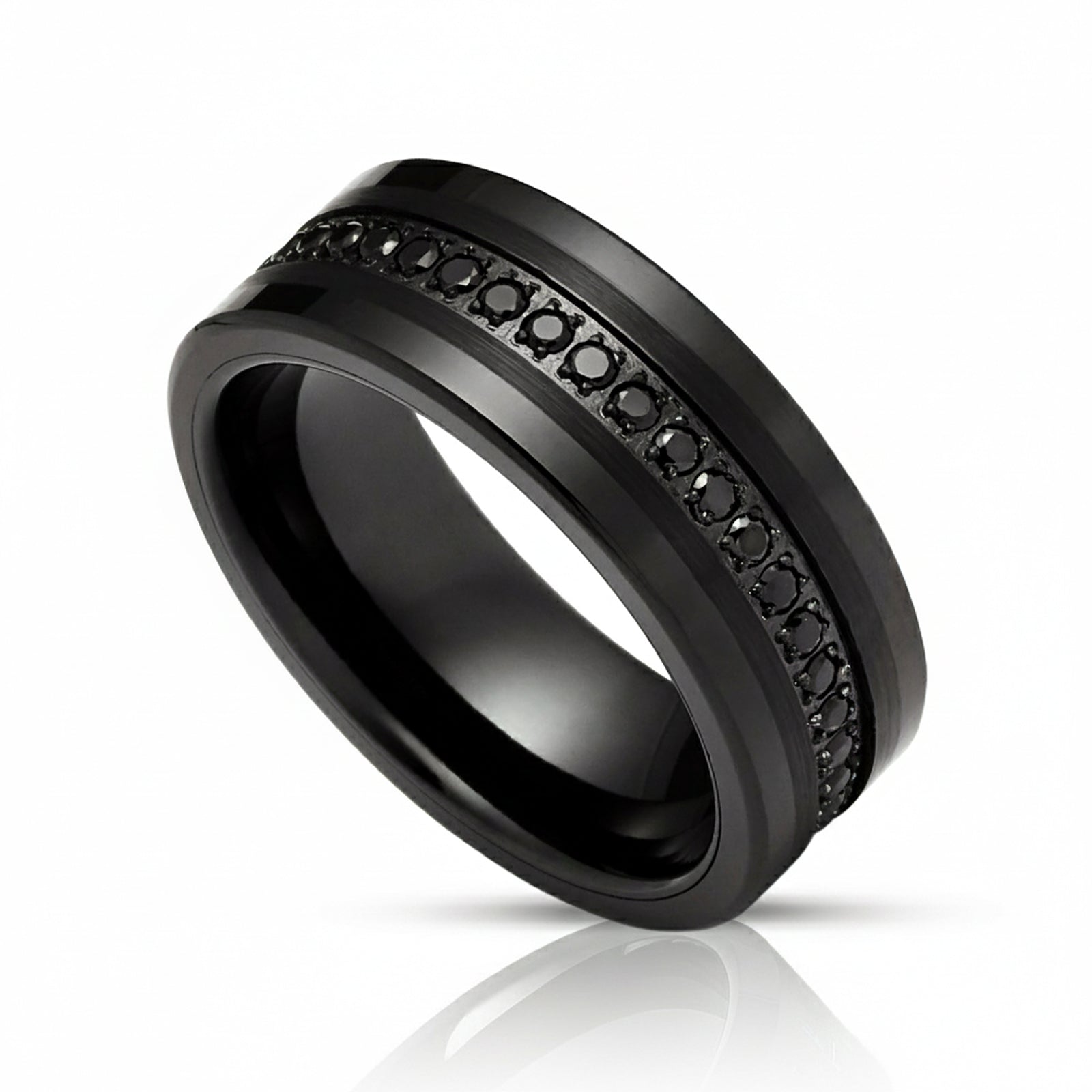 8mm - Mens Tungsten Wedding Band, Brushed Black CZ Diamonds, Tungsten Ring