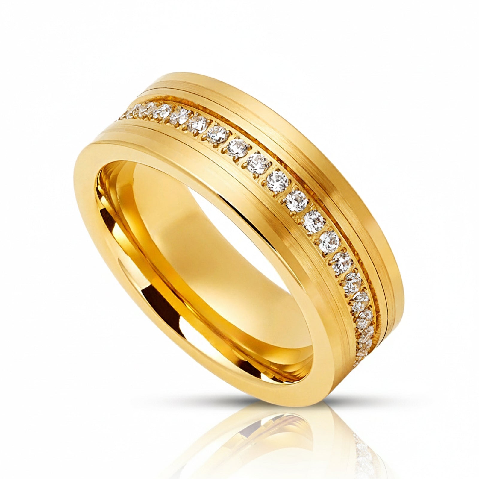 8mm - Men's Tungsten Wedding Band, CZ Diamond Ring, Comfort Fit Ring, Yellow Gold Ring,