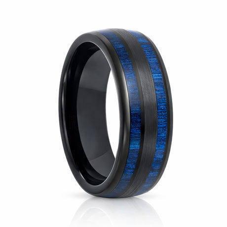 8mm - Tungsten Double Barrel Real Blue Wood Inlay Ring Wedding Band Dome