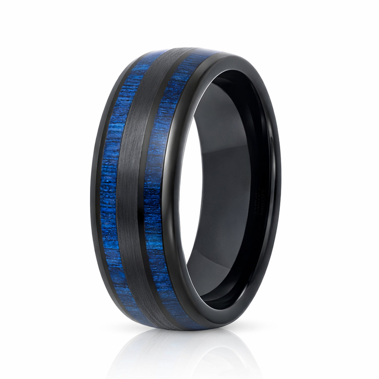 8mm - Tungsten Double Barrel Real Blue Wood Inlay Ring Wedding Band Dome