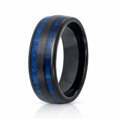 8mm - Tungsten Double Barrel Real Blue Wood Inlay Ring Wedding Band Dome