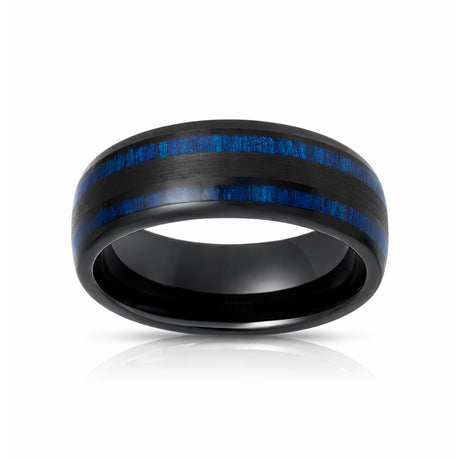 8mm - Tungsten Double Barrel Real Blue Wood Inlay Ring Wedding Band Dome