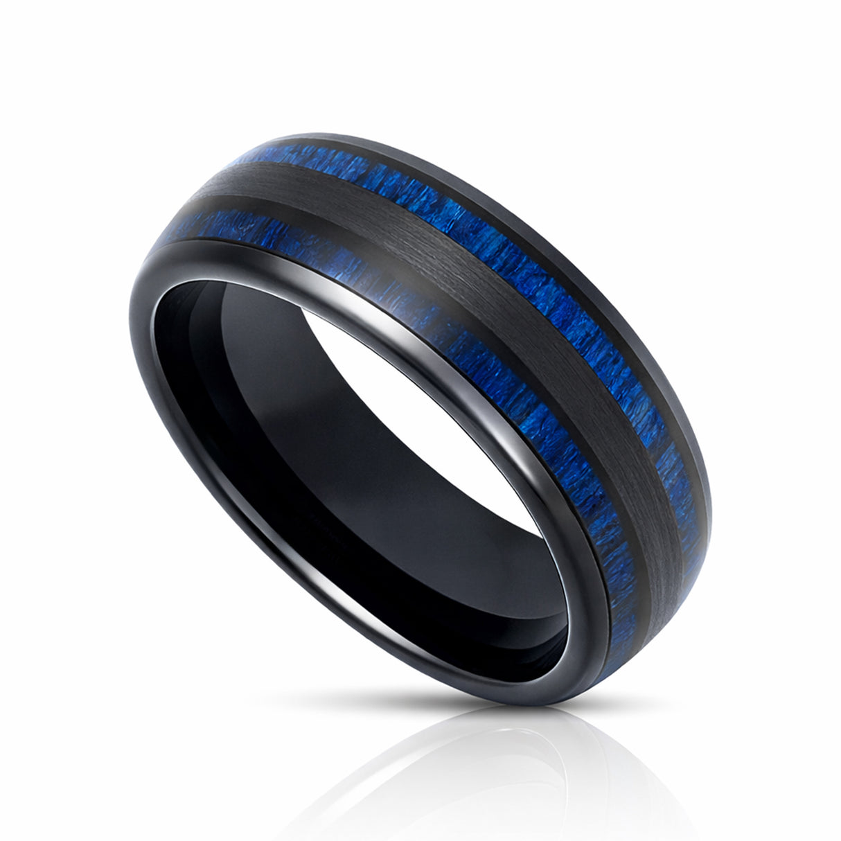 8mm - Tungsten Double Barrel Real Blue Wood Inlay Ring Wedding Band Dome
