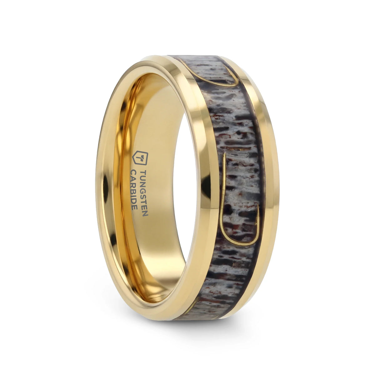 JAEGER – Gold Tungsten Band W/ Deer Antler & Fishhook Inlay